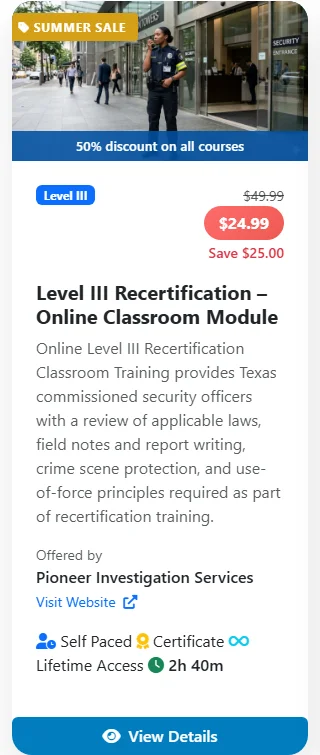 Secureburg Academy public course catalog card for a Level III Recertification Online Classroom Module, showing price, provider, self-paced and certificate badges, and course length