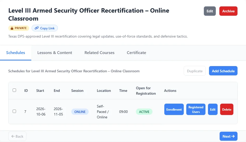 Secureburg Academy Course Builder showing a scheduled session for a Level III recertification course with start and end dates, online session type, seat count, and registration status