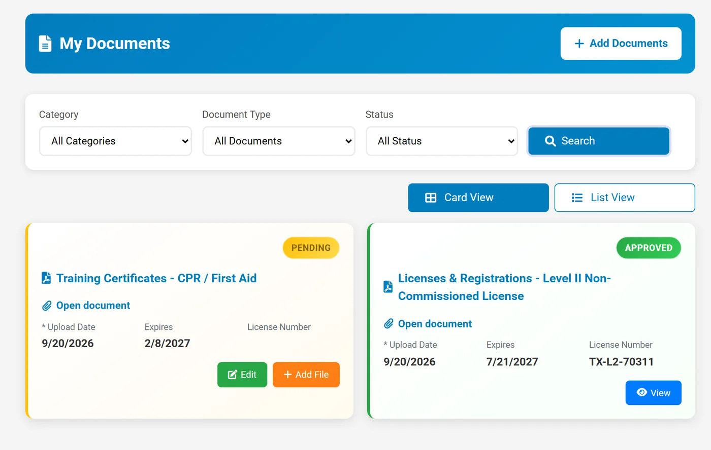 Secureburg My Documents page showing a guard's documents as cards with pending and approved status, expiry dates, and license numbers, with filters by category, document type, and status
