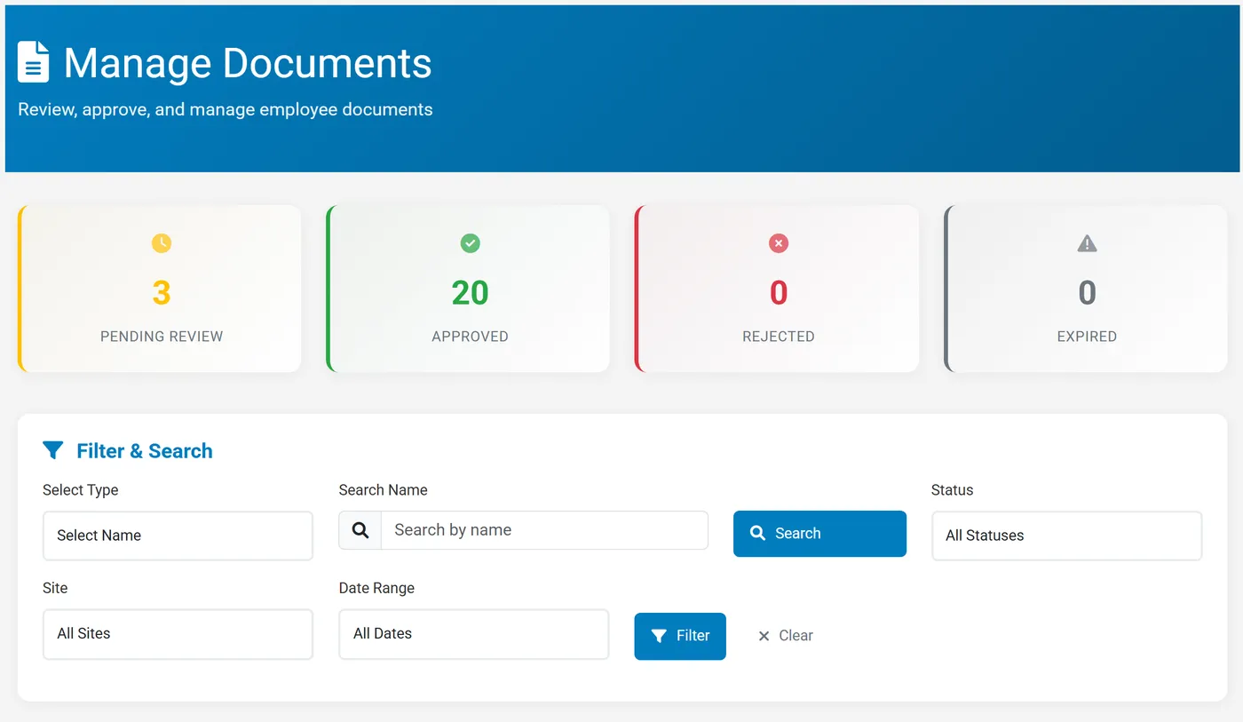 Secureburg Manage Documents page showing counts of documents pending review, approved, rejected, and expired, with search and filters by name, status, site, and date range
