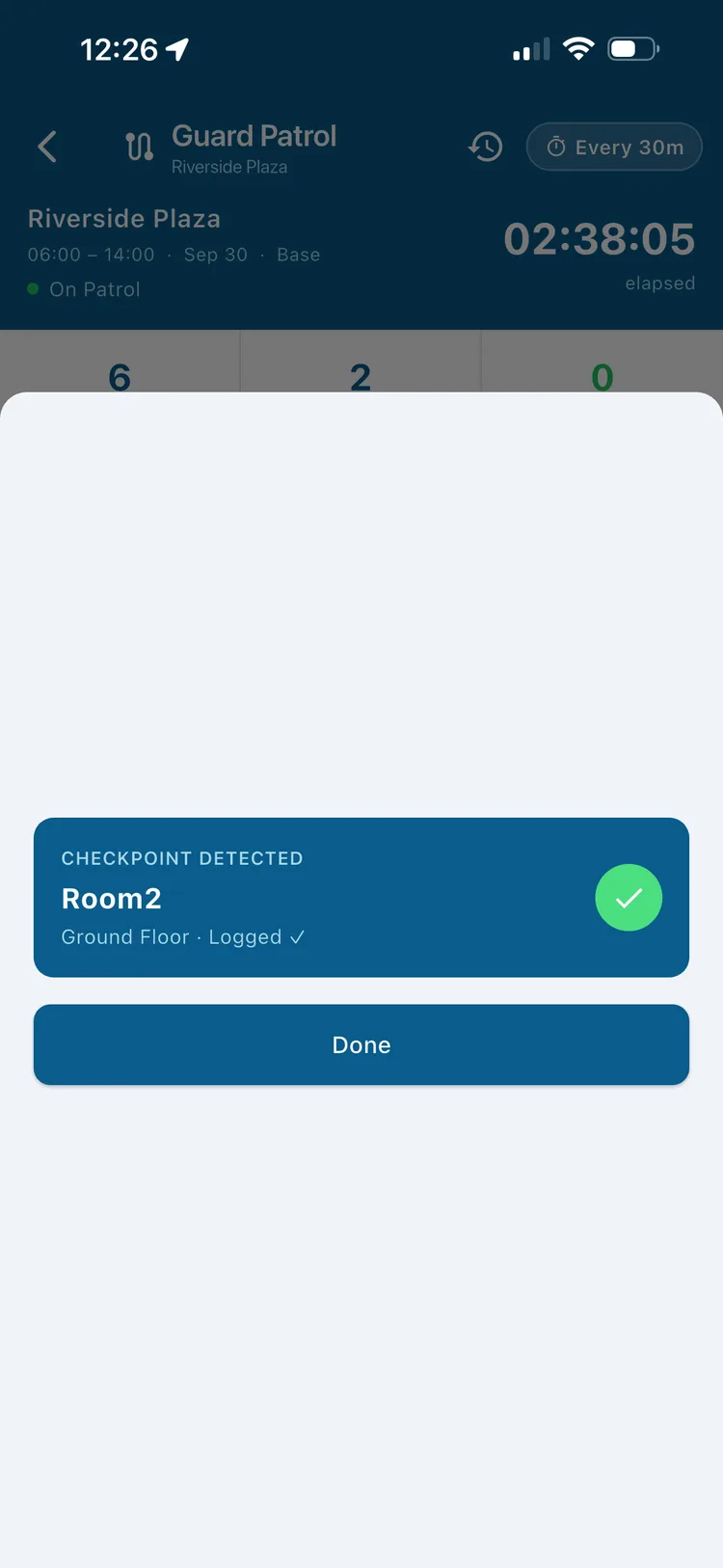 Secureburg checkpoint detected confirmation showing Room 2, Ground Floor, logged, with a green checkmark and a Done button