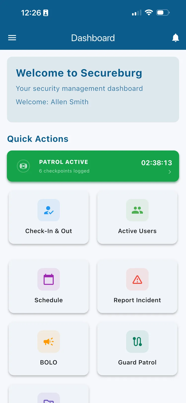Secureburg mobile app home screen showing a green Patrol Active card with 6 checkpoints logged and an elapsed time of 2 hours 38 minutes