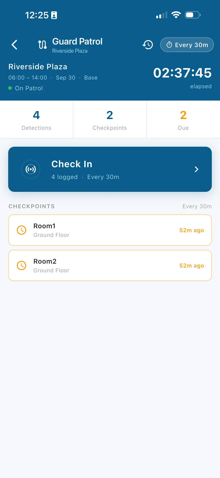 Secureburg guard patrol session showing a live elapsed timer, detections count, and a checkpoint list with each checkpoint's last check-in time