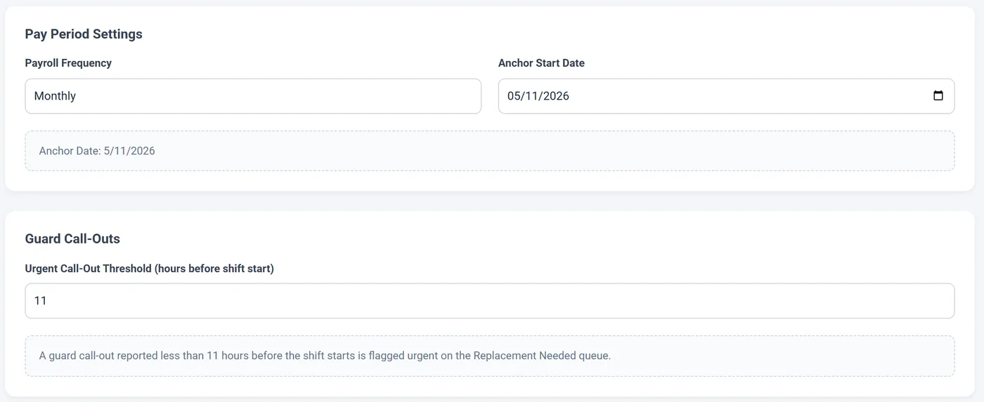 Secureburg pay period settings with payroll frequency and anchor start date, and a guard call-out setting that flags call-outs reported less than a set number of hours before a shift as urgent