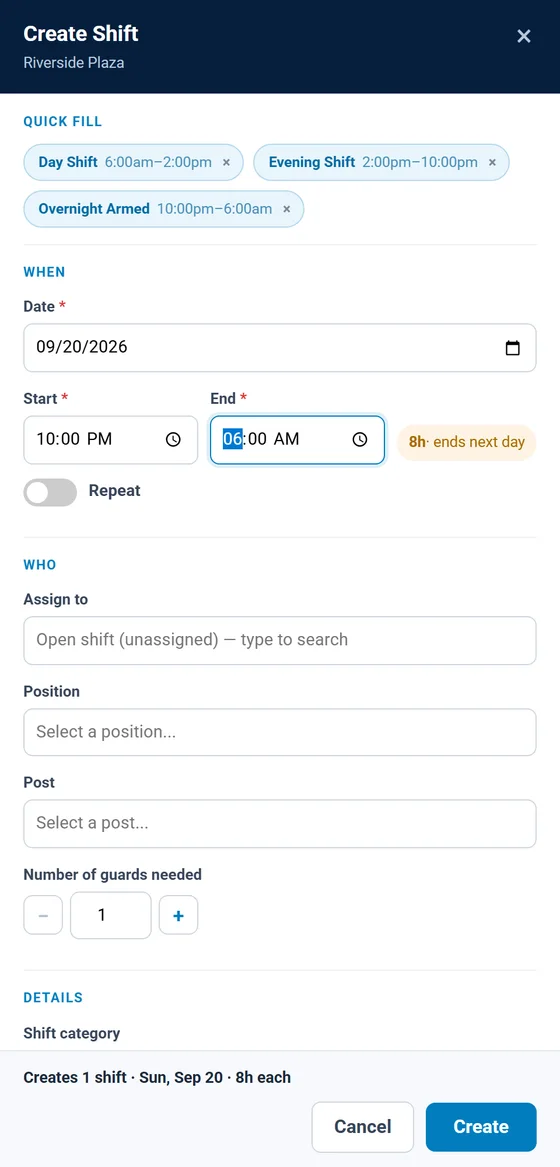 Secureburg Create Shift panel with quick-fill shift templates for day, evening, and overnight shifts, start and end times, repeat option, and guards needed